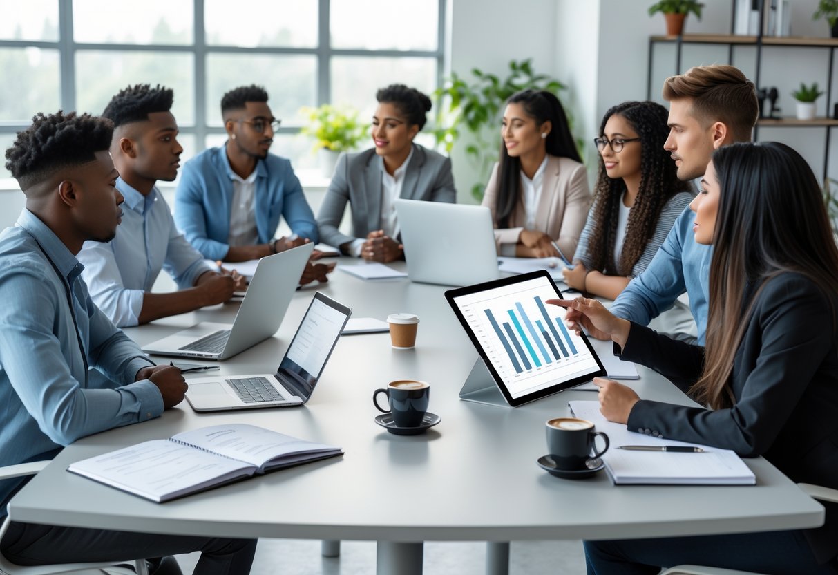 A group of young adults discussing and taking notes around a table in a bright office.