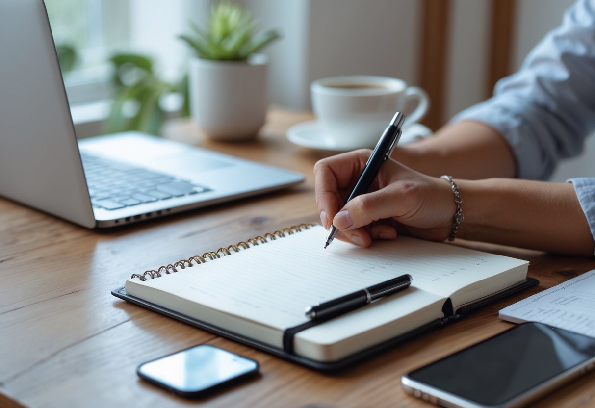 Person writing in a notebook at a desk with a laptop, smartphone, and coffee cup nearby.