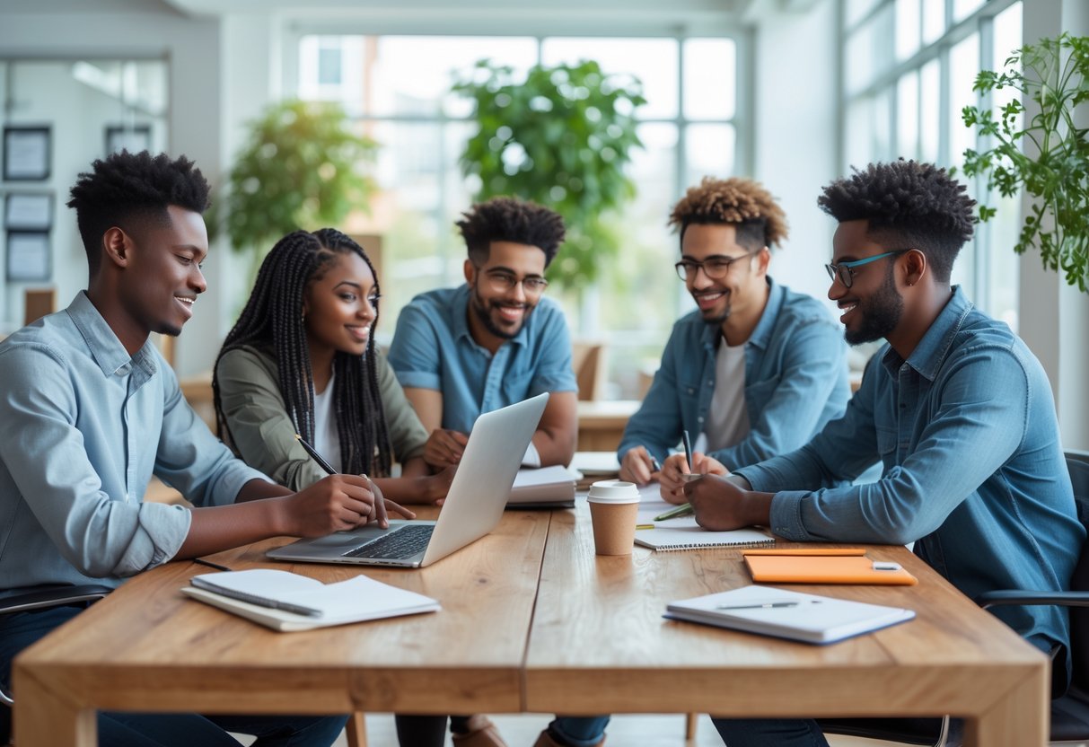 A diverse group of young adults collaborating around a table with laptops and notebooks in a bright office.
