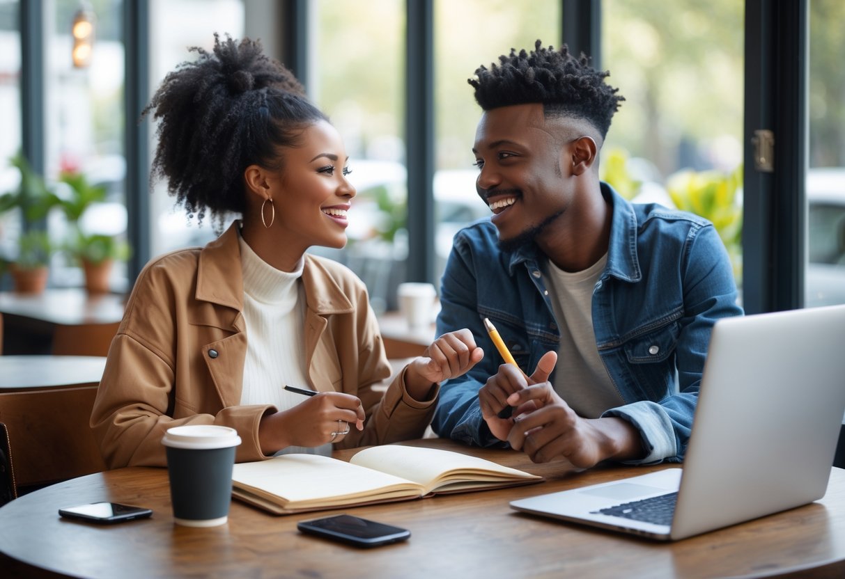 A young couple sitting at a café table, talking and writing notes together with coffee cups and a laptop nearby.