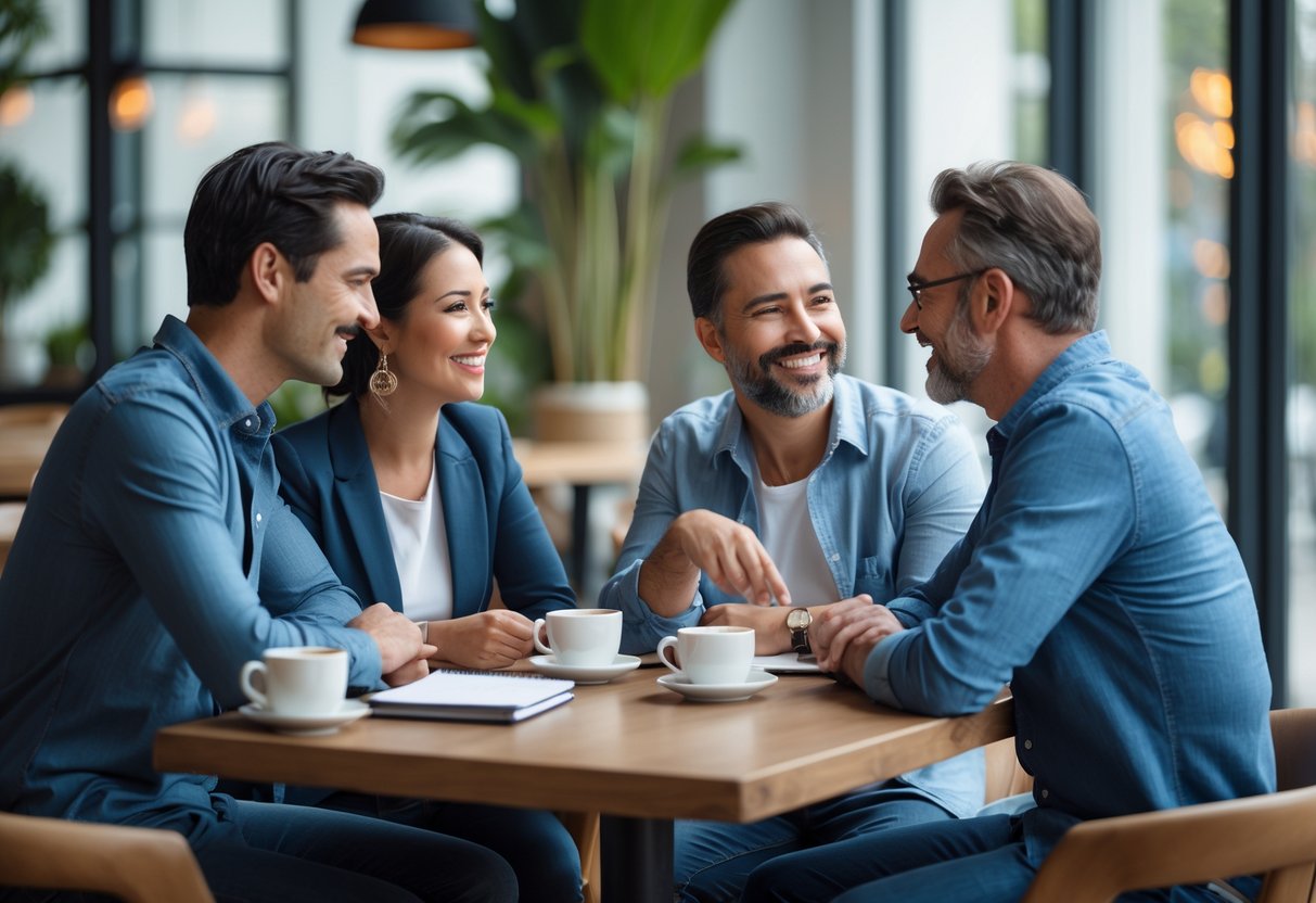 Three adults having a friendly and meaningful conversation around a table in a cozy café.