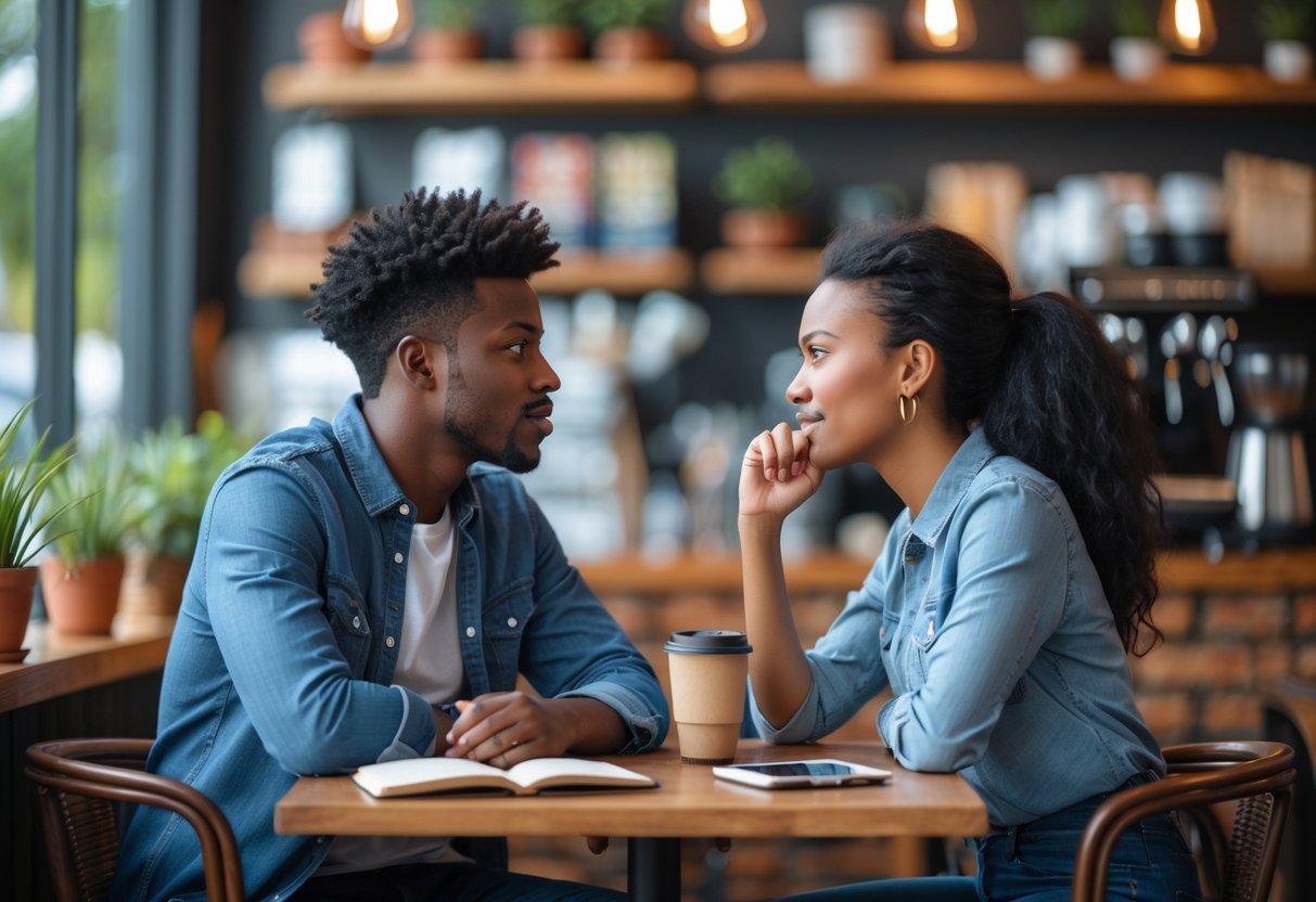 Two young adults sitting at a coffee shop table, engaged in a serious and focused conversation.