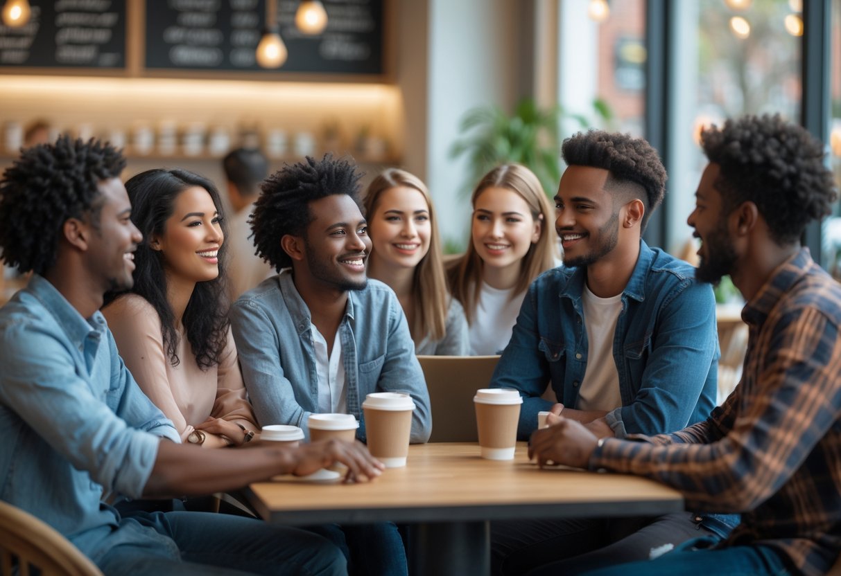 A group of young adults having a friendly conversation in a cozy coffee shop.