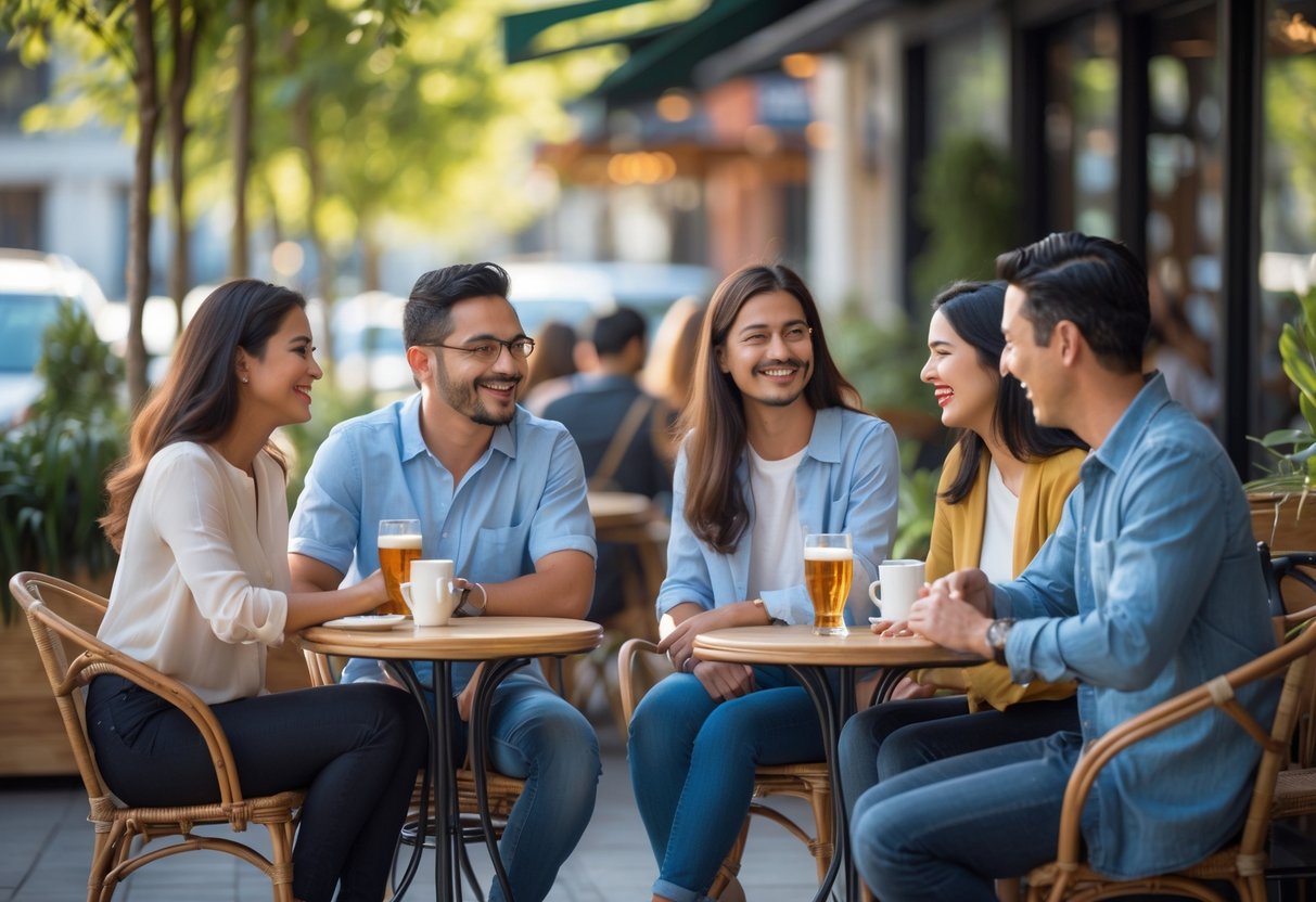 People sitting at outdoor café tables, engaged in friendly and meaningful conversations.