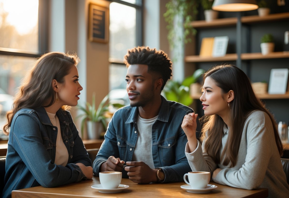 Three young adults having a thoughtful conversation in a cozy coffee shop with warm natural light.