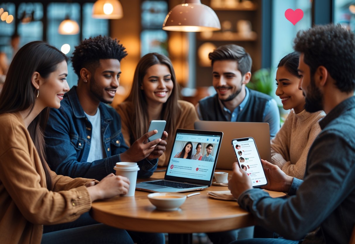 A diverse group of young adults using smartphones and laptops in a café, engaging with dating apps and chatting together.