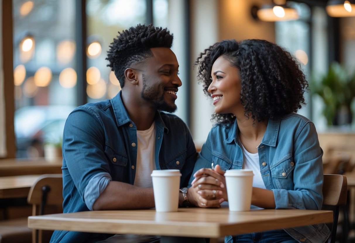A diverse couple smiling and talking together in a cozy cafe.