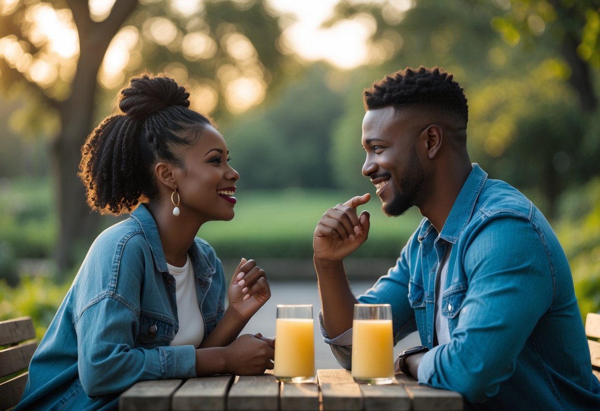 A diverse couple sitting outdoors in a park, engaged in a warm and attentive conversation during sunset.