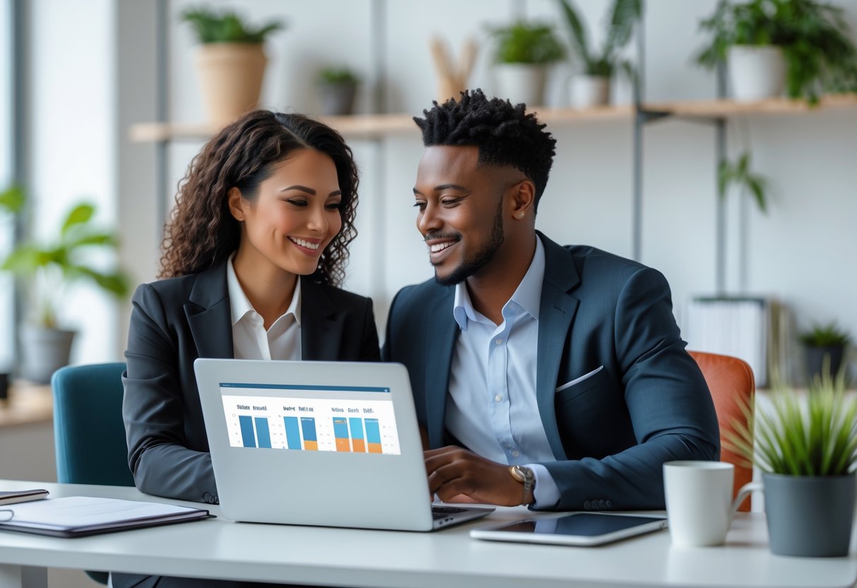 A young couple sitting at an office desk looking at a laptop and smiling together.