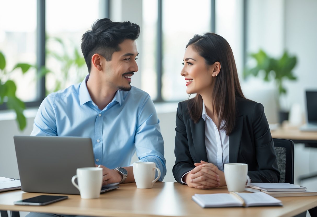 A young professional couple sitting together at an office desk, talking and smiling with laptops and notebooks nearby.