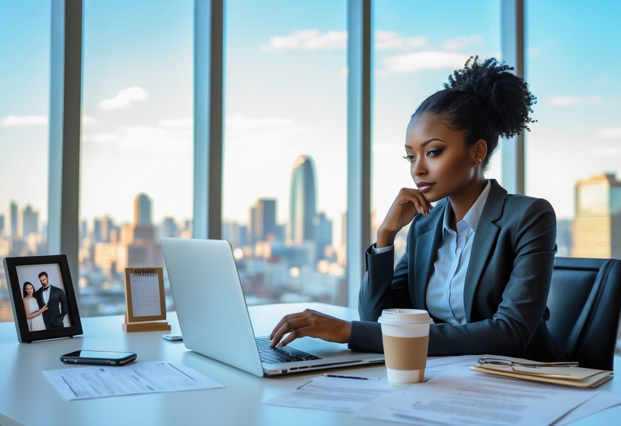 A young professional woman sitting at a desk in an office, thoughtfully reviewing documents with a city skyline visible through a window behind her.