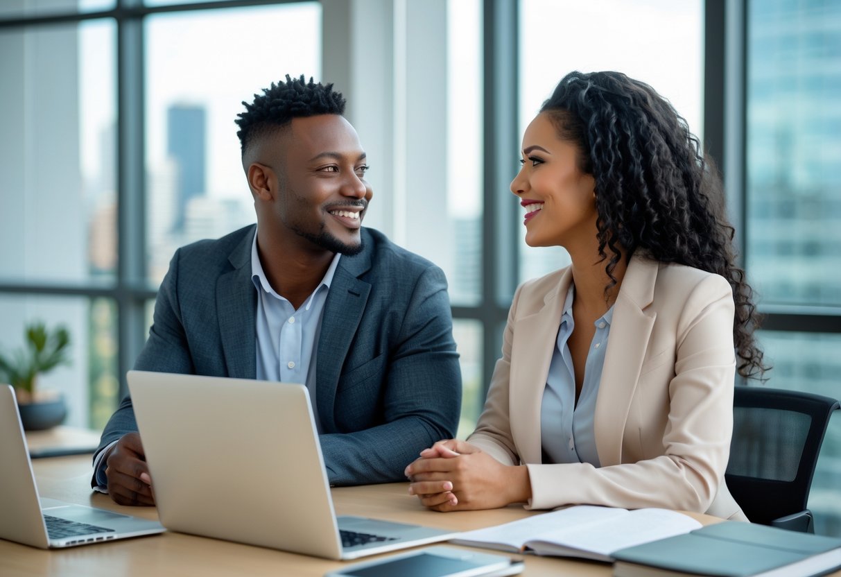 A couple in business casual clothes sitting together in an office, smiling and talking with laptops and notebooks nearby.