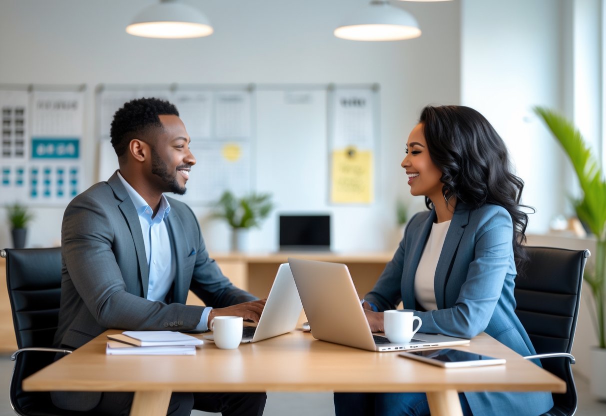 A couple sitting at a table in an office, talking and smiling while working together.