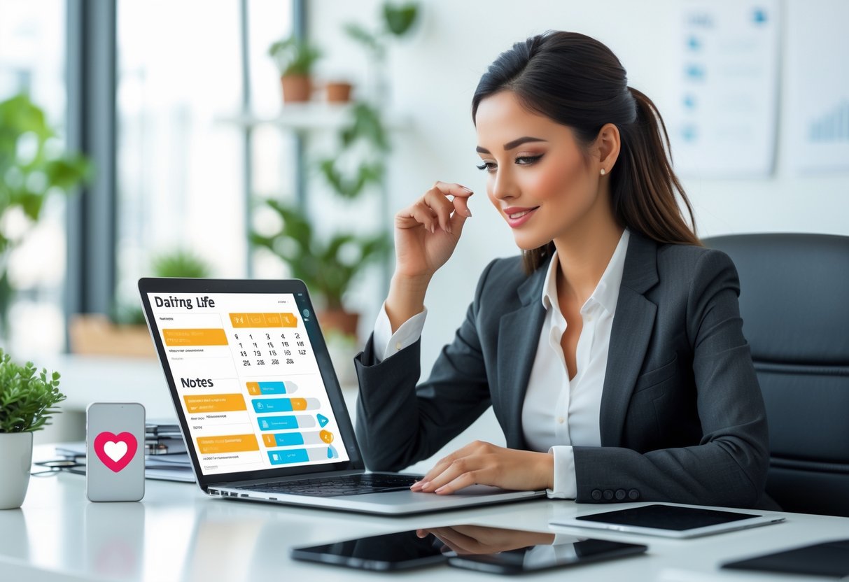 A young professional woman working at a desk with a laptop and digital devices, thoughtfully planning her schedule in a bright modern office.