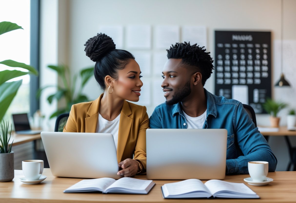 A young couple sitting together at a modern office desk, working on laptops and discussing plans.