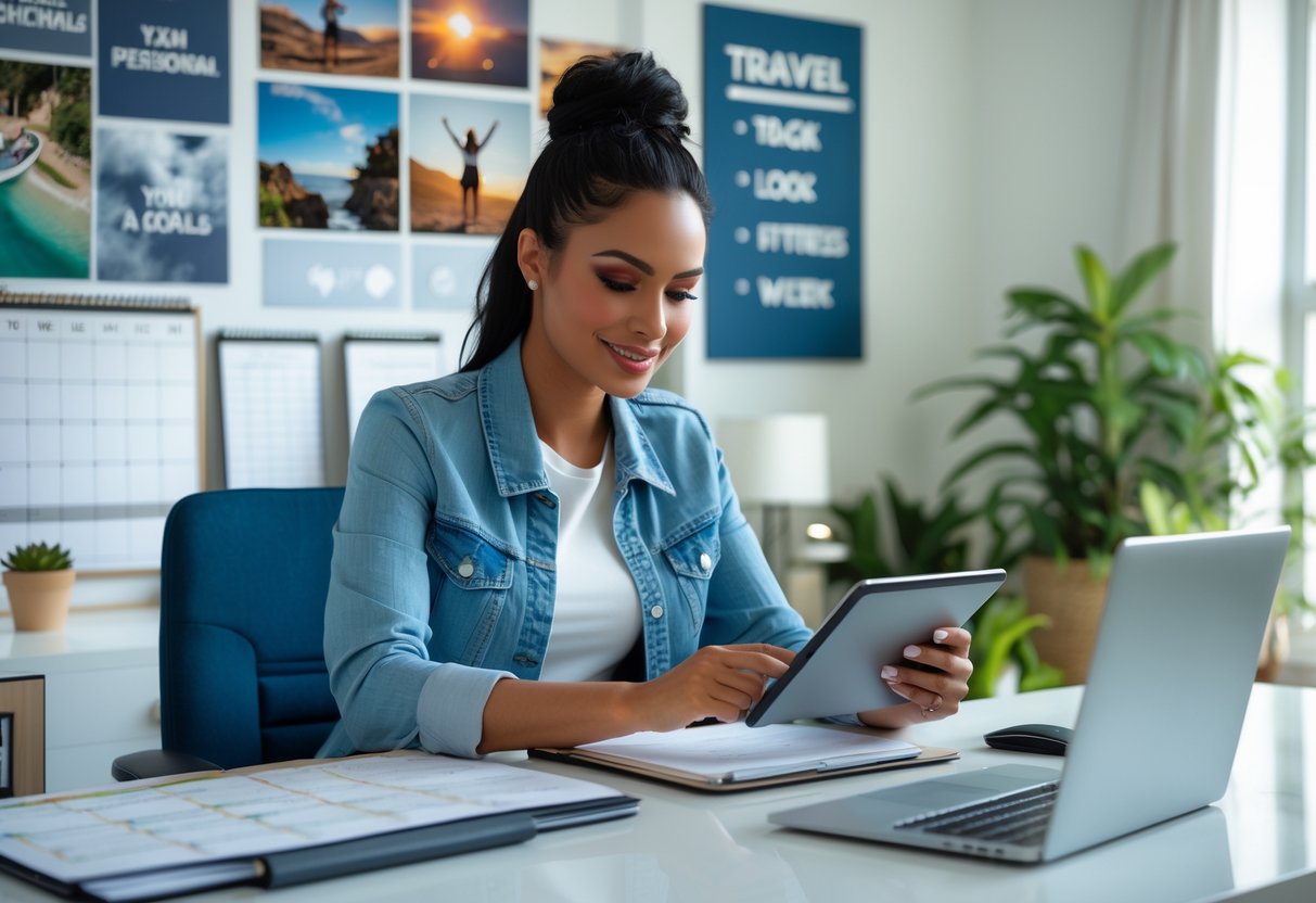 A young woman planning her schedule at a desk with a vision board and calendar nearby.