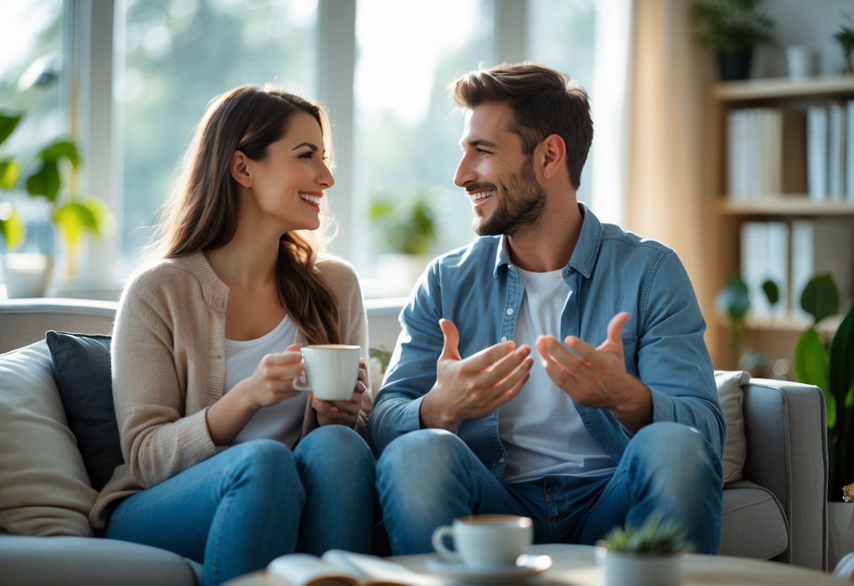 A couple sitting together in a living room, smiling and talking openly with each other.