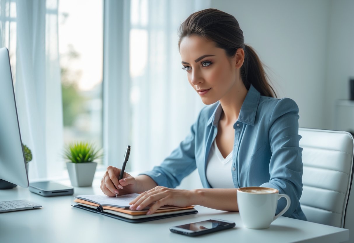 A young woman sitting at a desk in a bright room, looking thoughtfully at a planner with a pen in hand.