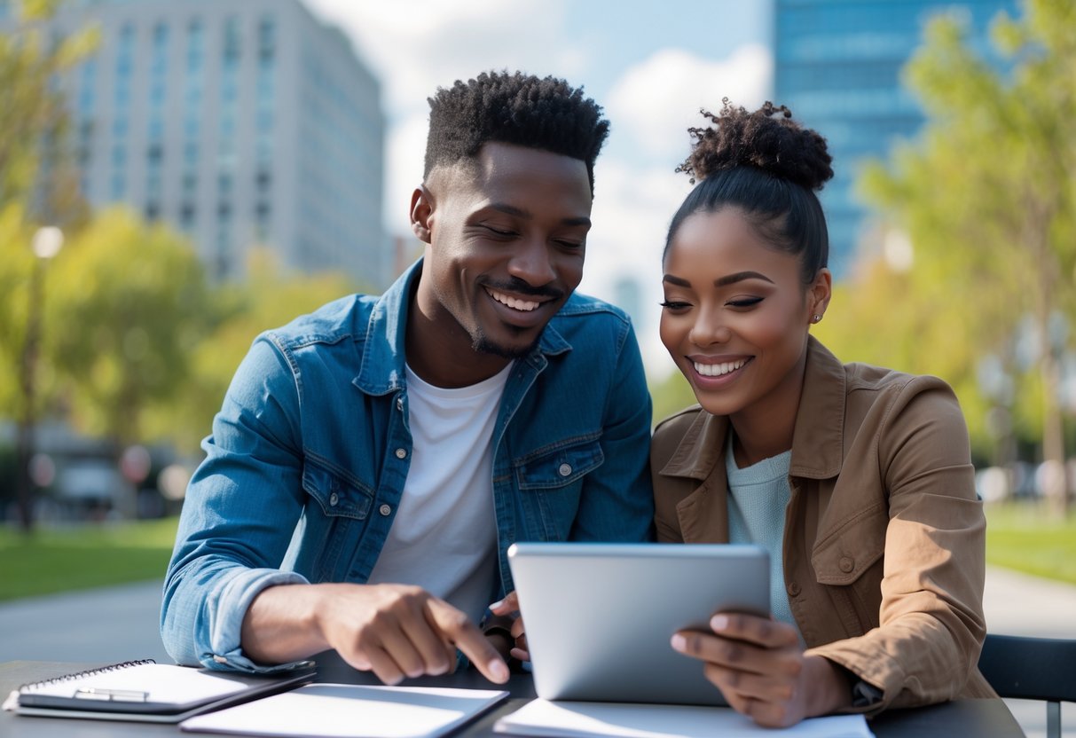 A young couple happily collaborating outdoors in a city park, working together on a creative project.