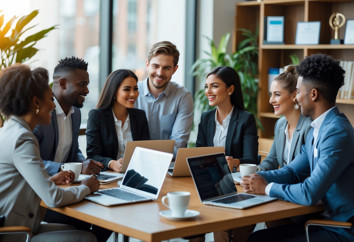 A diverse group of young professionals collaborating around a table in a bright office, engaged in discussion and supporting each other.