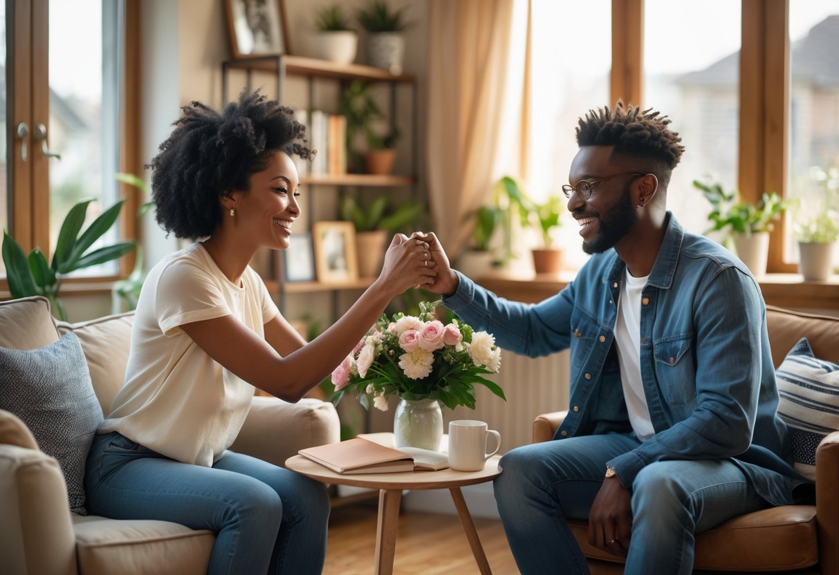 A couple smiling and holding hands across a table in a cozy living room filled with plants and personal items.