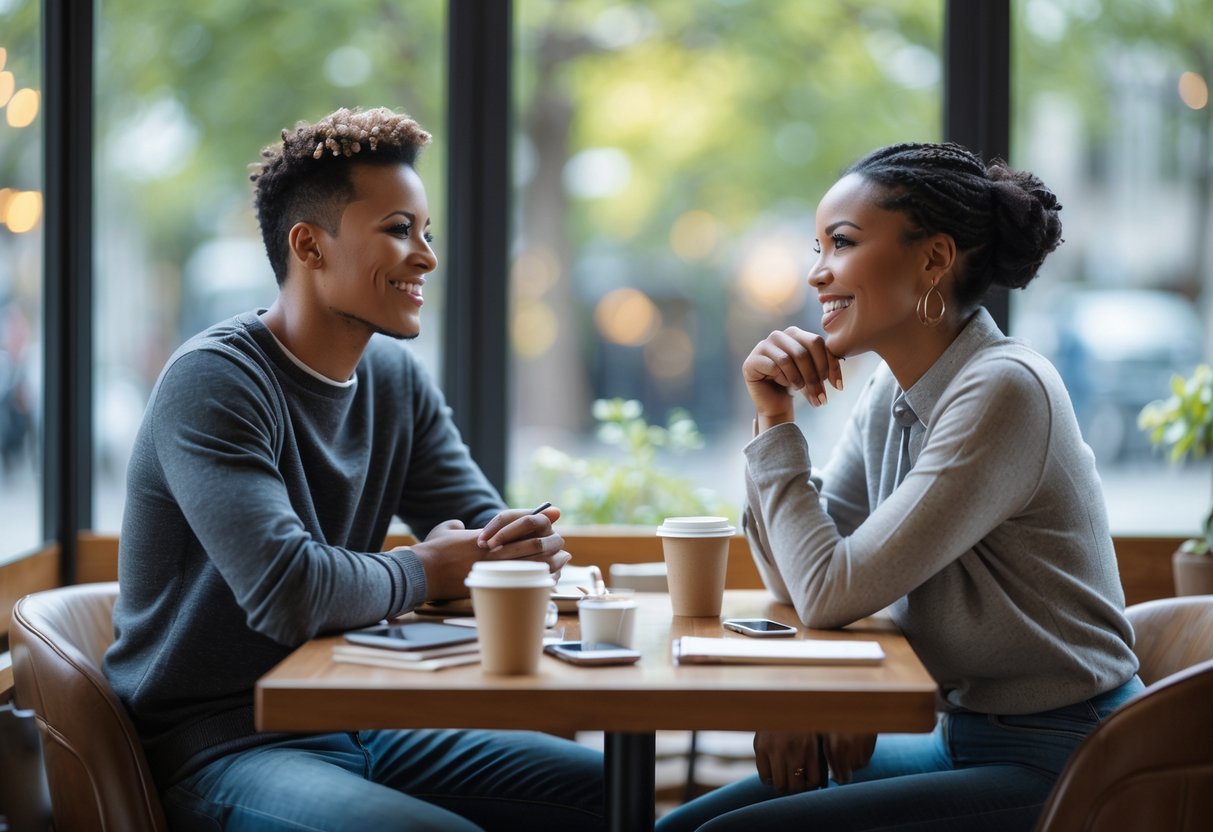 A young couple sitting at a café table, having a thoughtful and positive conversation while enjoying coffee.