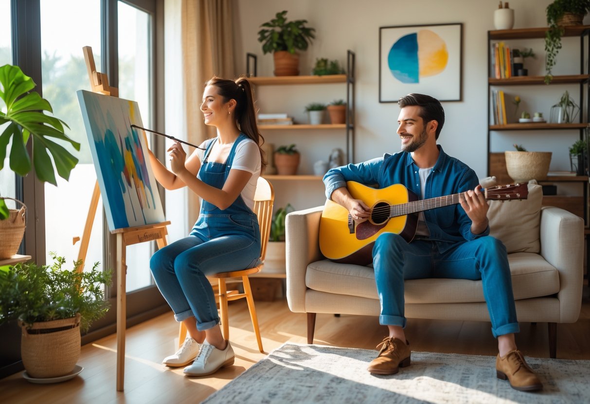 A couple spending time together in a living room; the woman is painting on a canvas and the man is playing guitar nearby.
