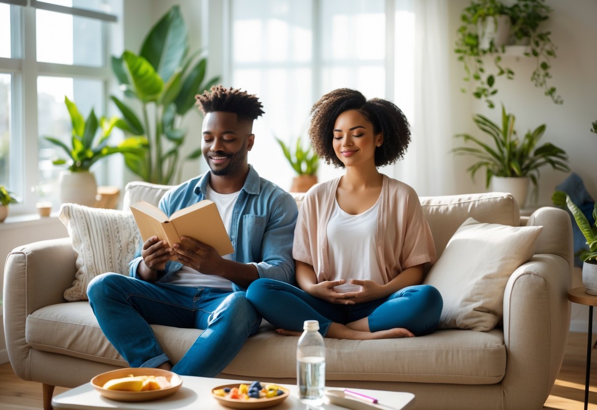 A couple sitting together in a living room, one reading a book and the other meditating, sharing a calm and peaceful moment.