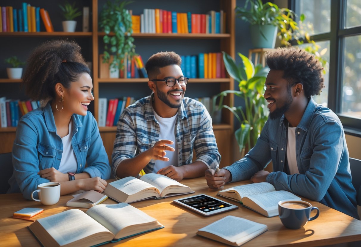 Three young adults sitting around a table sharing books and podcasts in a bright, cozy room.