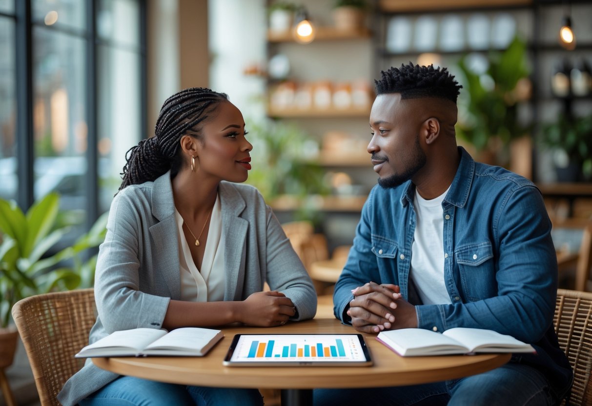 A couple sitting at a cafe table having a serious conversation with notebooks and a tablet, appearing thoughtful and engaged.