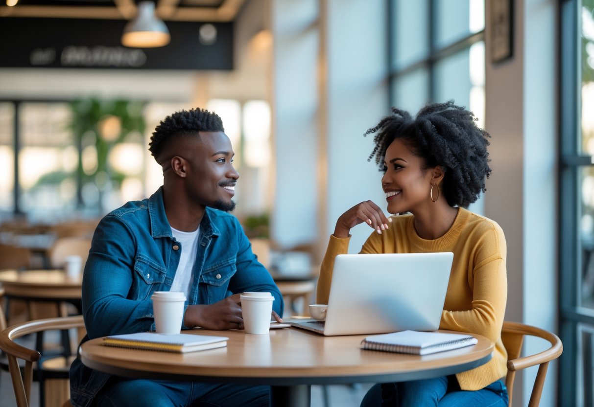 A young couple sitting at a café table having a supportive and attentive conversation.