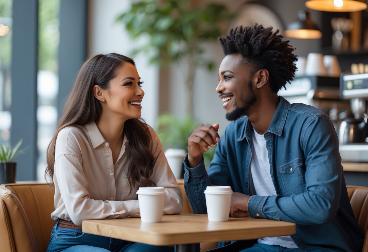 Two young adults smiling and talking together at a coffee shop table with natural light and plants in the background.