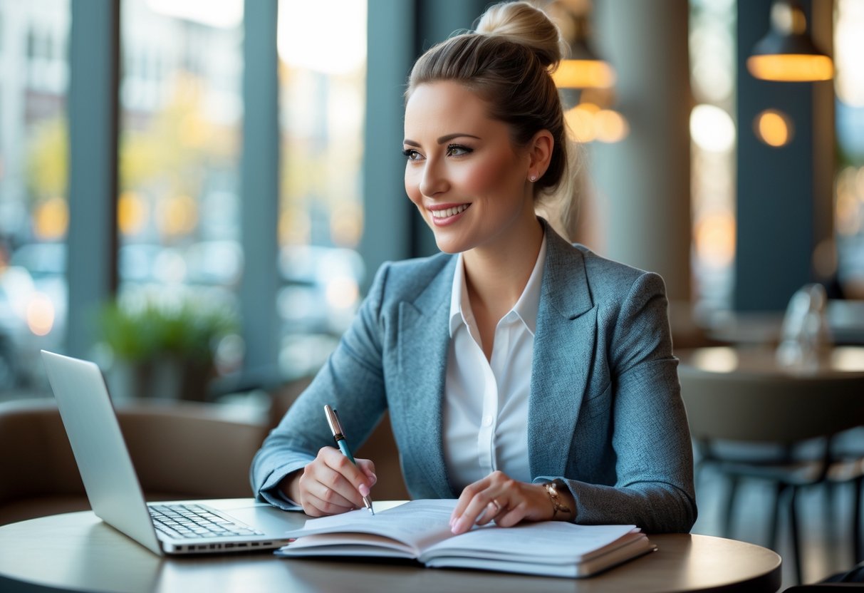 A confident woman sitting at a cafe table with a laptop and notebook, smiling thoughtfully while writing.