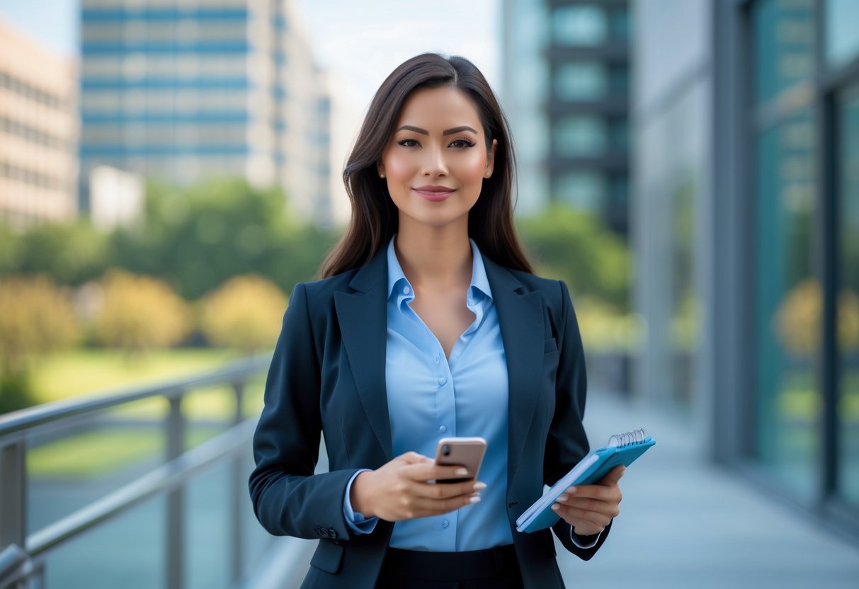 A confident woman in business casual clothing stands outdoors in a city setting, holding a smartphone and a notebook, smiling slightly.