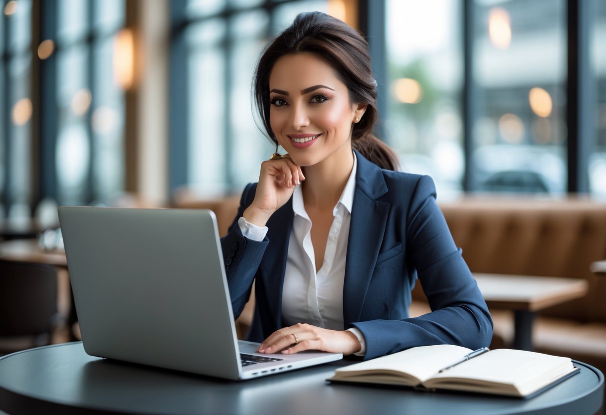 A confident woman sitting at a café table with a laptop and notebook, thoughtfully planning her dating intentions.