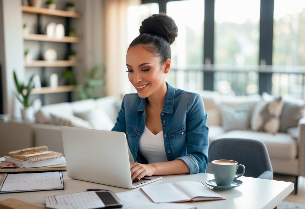 A confident woman sitting at a bright workspace, looking thoughtfully at a laptop with planning materials around her.
