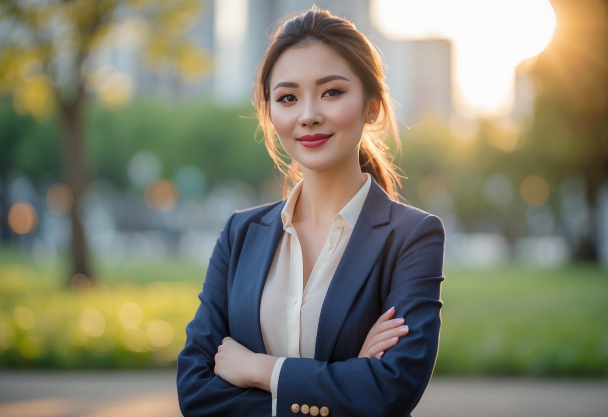 A confident young woman standing outdoors in a sunlit park with city buildings in the background, smiling gently and looking self-assured.