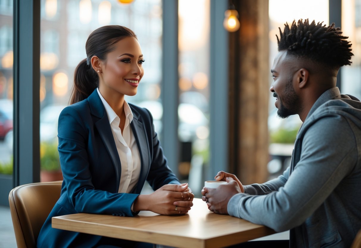 A woman and a person sitting at a café table engaged in a focused and friendly conversation.