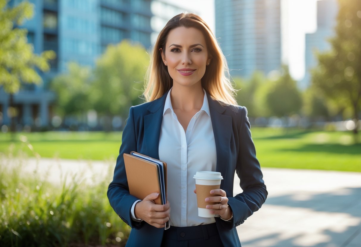 A confident woman standing outdoors in an urban park holding a notebook and coffee cup, smiling gently.