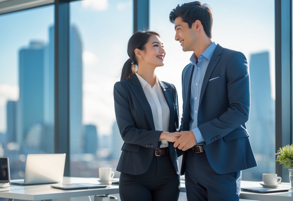 A young professional couple holding hands and smiling in a modern office with a city skyline visible through a large window.