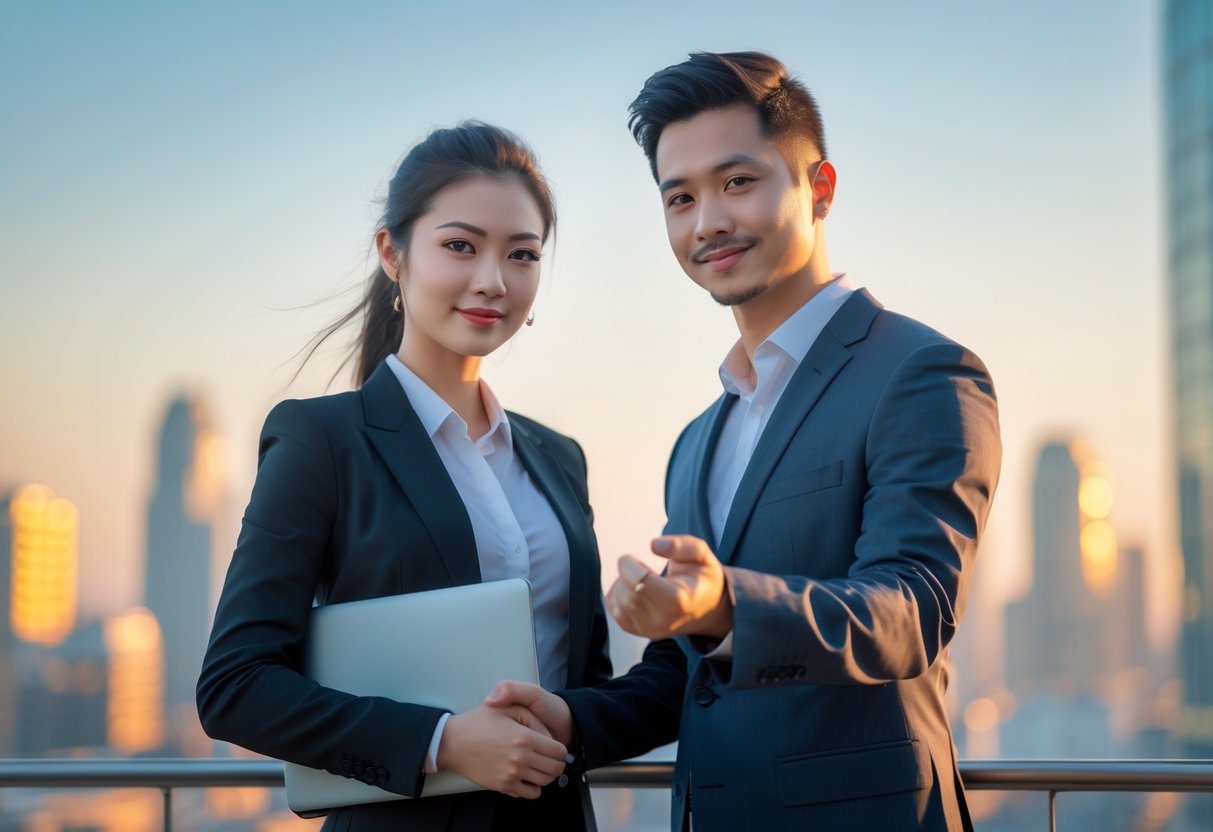 A young professional woman and her partner stand together in a city setting, holding hands and smiling gently, symbolizing a balance between career ambition and love.
