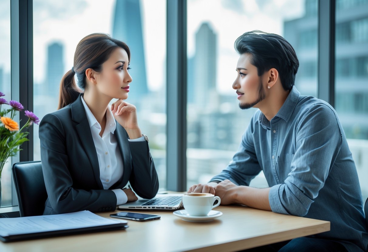 A man and woman in a modern room looking thoughtful and distant from each other, conveying emotional tension between work and relationship.