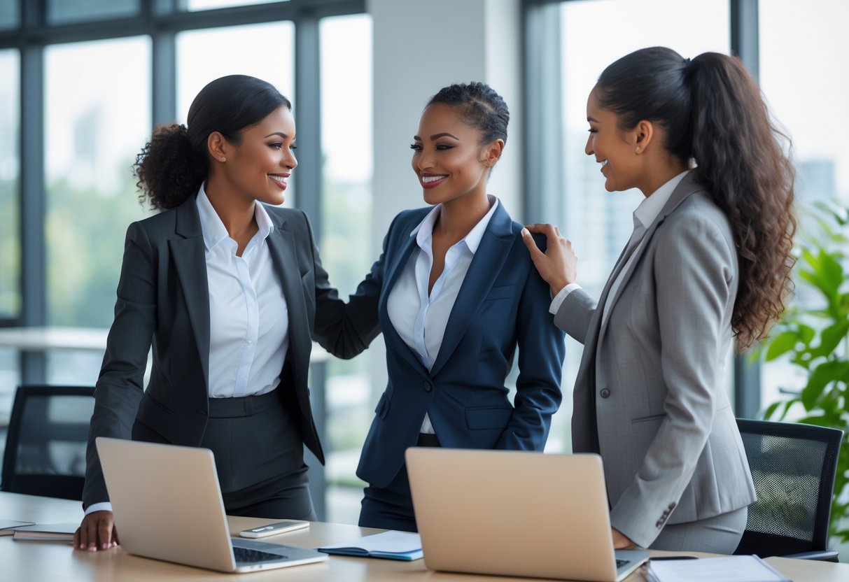 Three business professionals in an office smiling and talking together, showing support and connection.