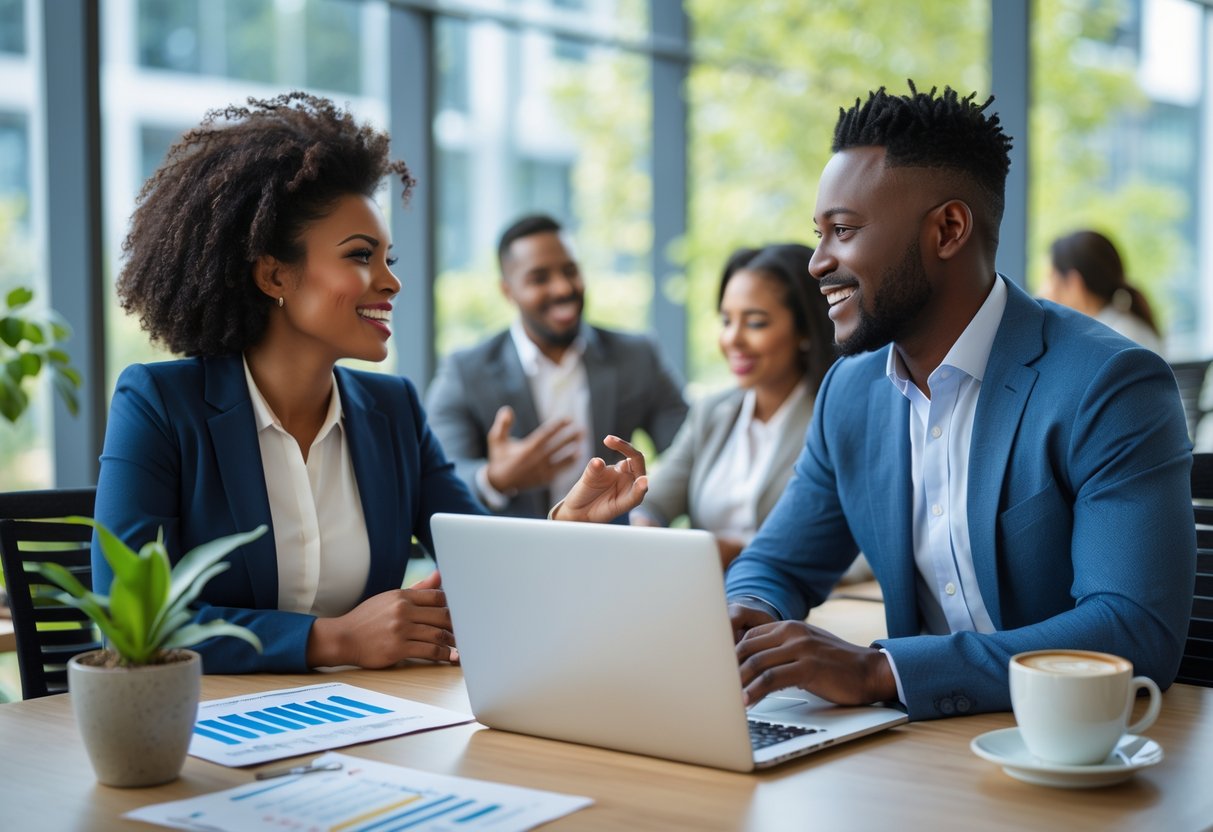 Two professionals having a warm conversation in a modern office with natural light and plants, symbolizing balance between personal fulfillment and career goals.