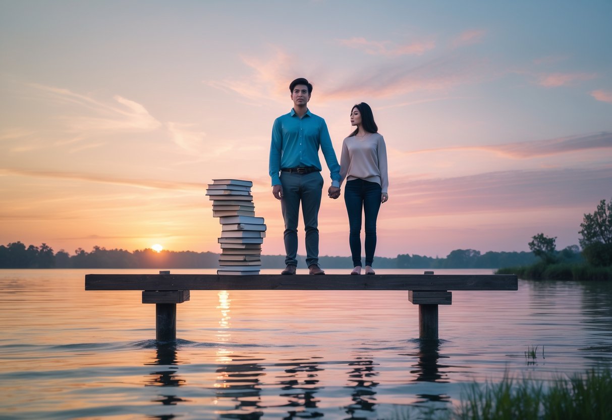 A person standing balanced on a wooden beam over water at sunset, holding books and a laptop in one hand and holding hands with a loved one with the other.