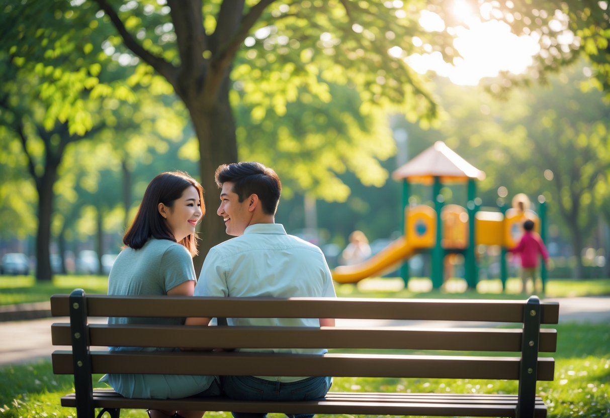 A young couple sitting on a park bench, talking and smiling with a playground visible in the background.