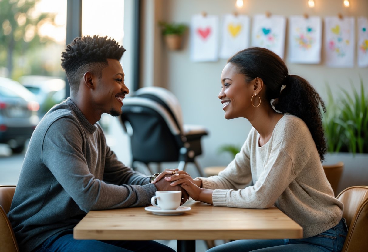 A young couple sitting at a cafe table, holding hands and talking warmly with family-related items visible in the background.