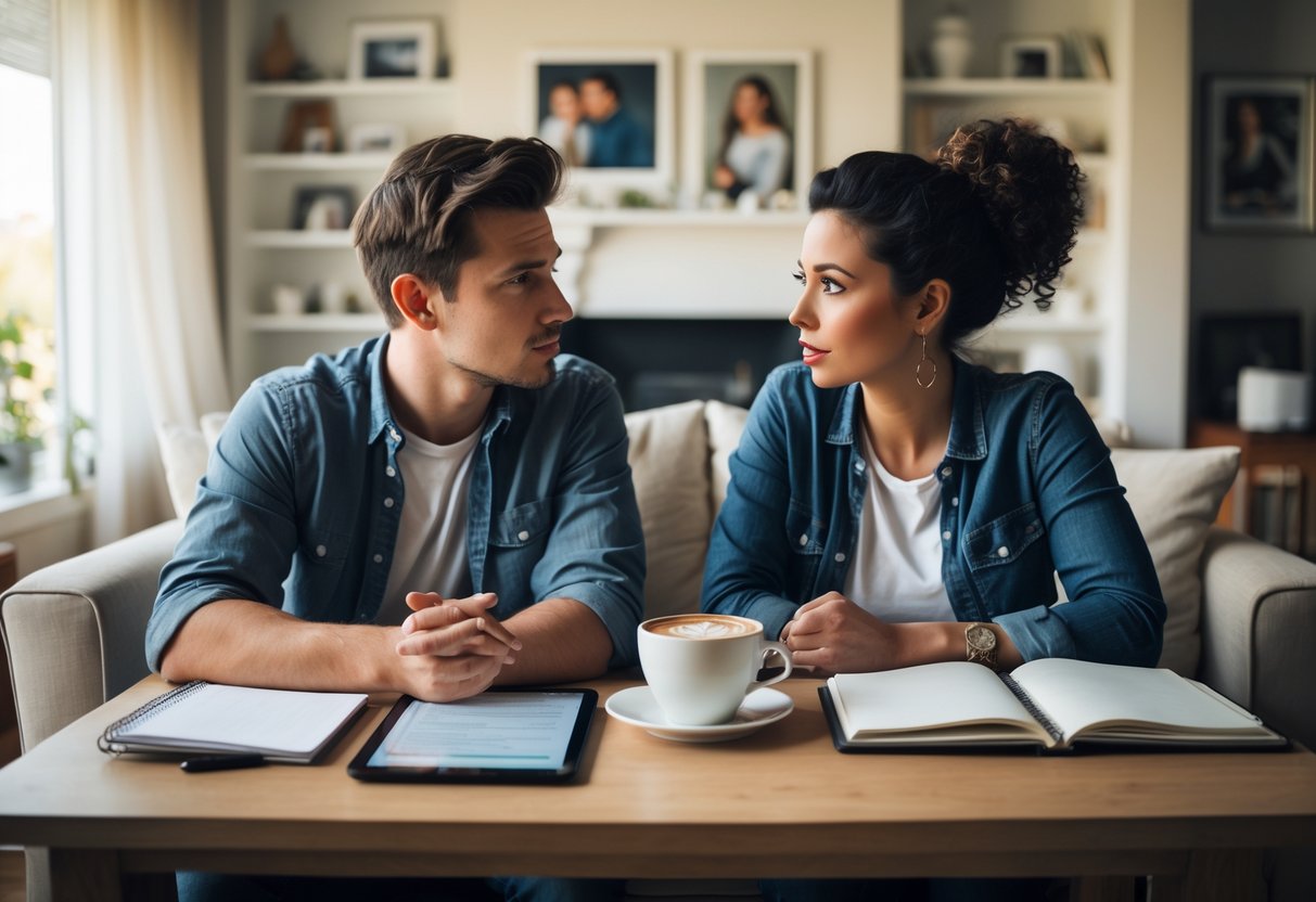 A young couple sitting at a table in a cozy room, talking thoughtfully with notebooks and a tablet in front of them.