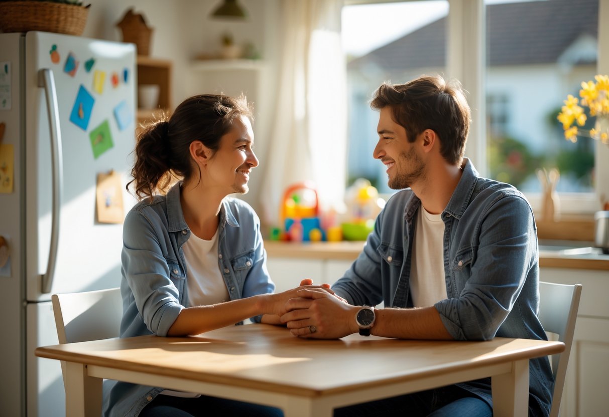 A young couple sitting at a kitchen table, holding hands and smiling while talking, with children's drawings and toys nearby.