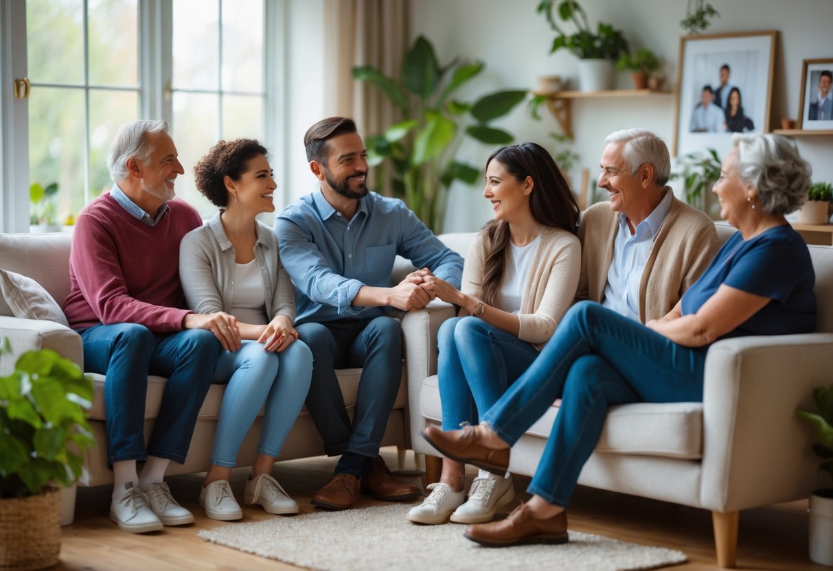 A young couple sitting with their family in a living room, smiling and having a warm conversation.